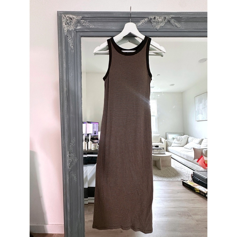 Uniqlo Ribbed Built in Bra Sleeveless Dress Brown Black Striped Midi Racerback M - Picture 4 of 10